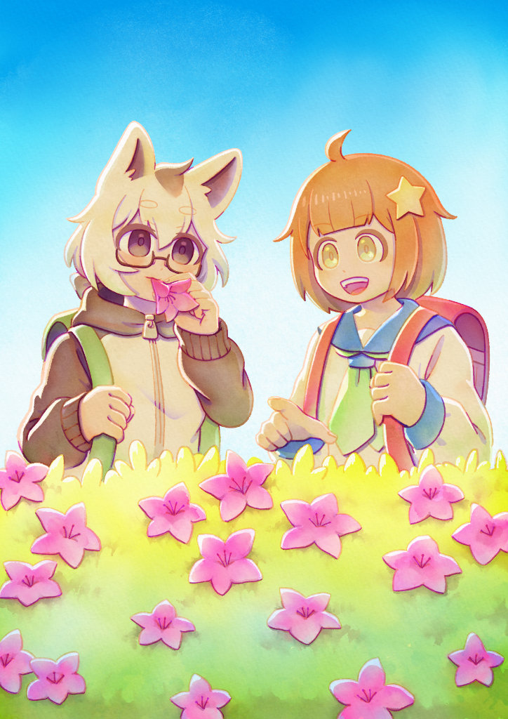 ツツジを眺める和尾とれたれたすさんちのれたちゃん